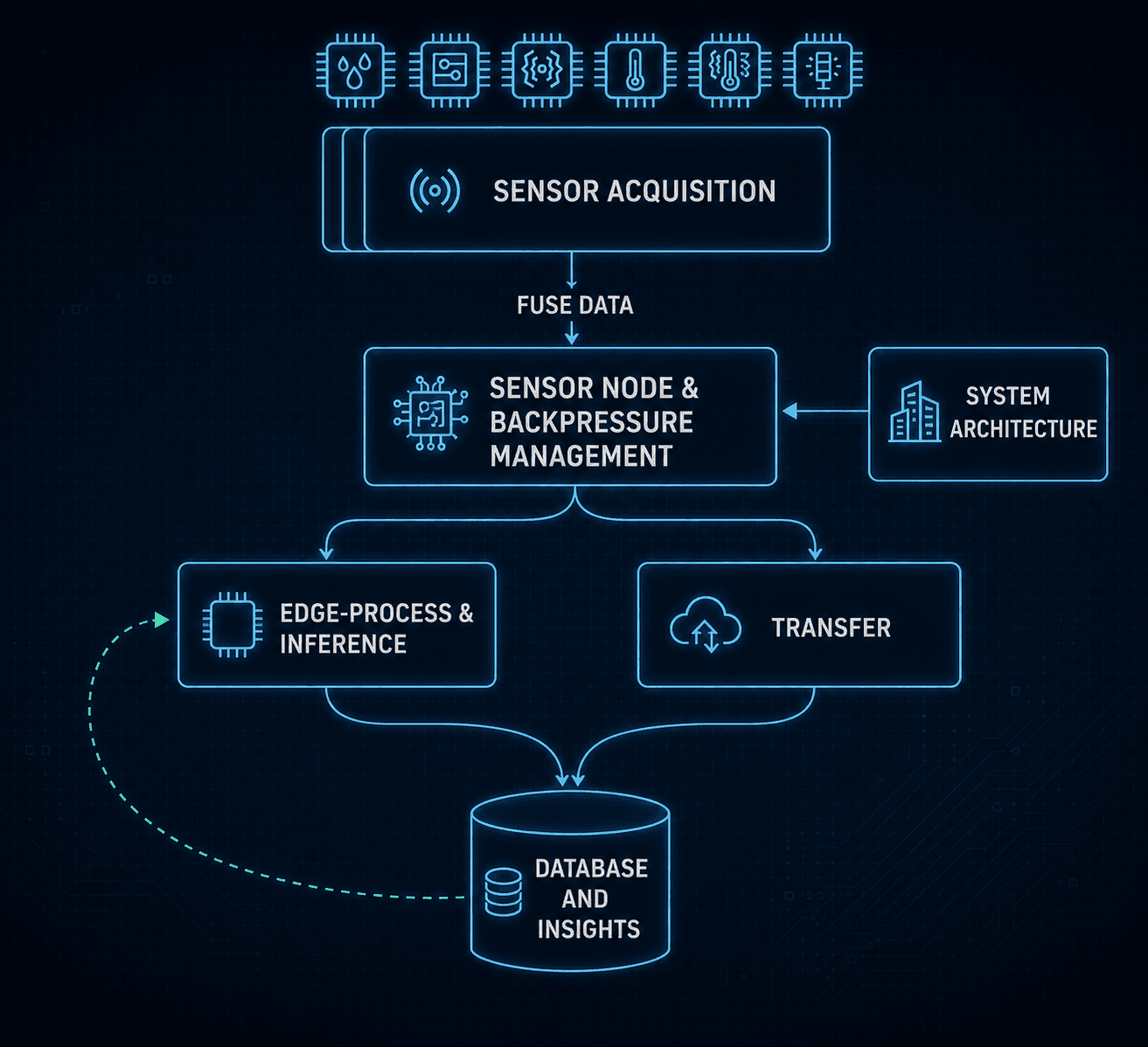 Inflextech software architecture: sensor acquisition, fuse data, sensor node and backpressure management, edge-process and inference, transfer, database and insights